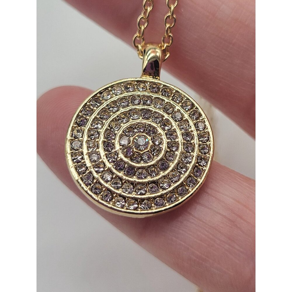 Gold Tone Medallion Pendant Necklace Spiral Circle with Rhinestones Minimalist C - Picture 10 of 10